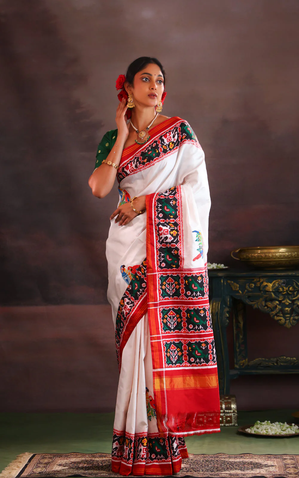 Off White & Maroon Patan Patola Silk Saree With Petit Point Embroidery - Image 3