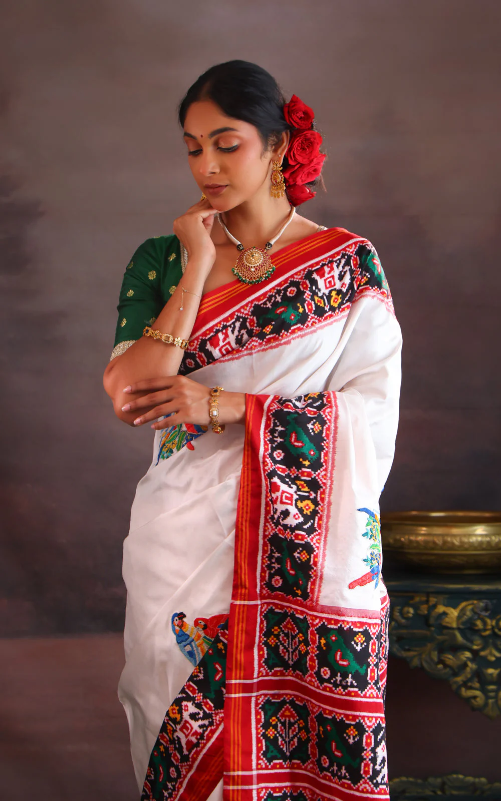 Off White & Maroon Patan Patola Silk Saree With Petit Point Embroidery - Image 4