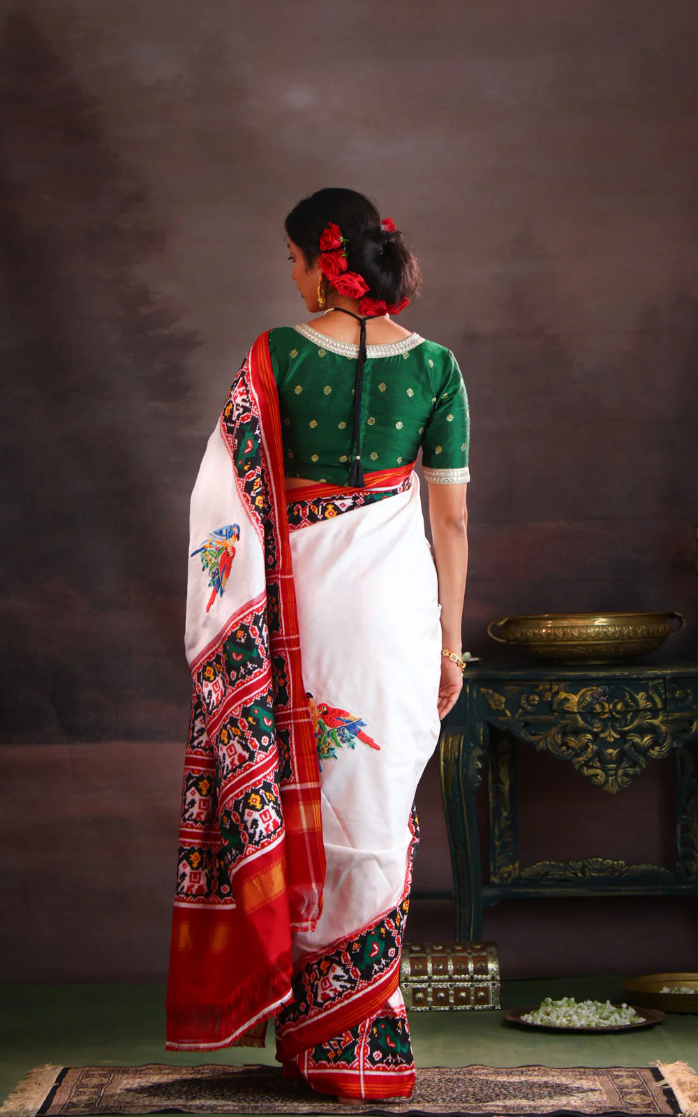 Off White & Maroon Patan Patola Silk Saree With Petit Point Embroidery - Image 6