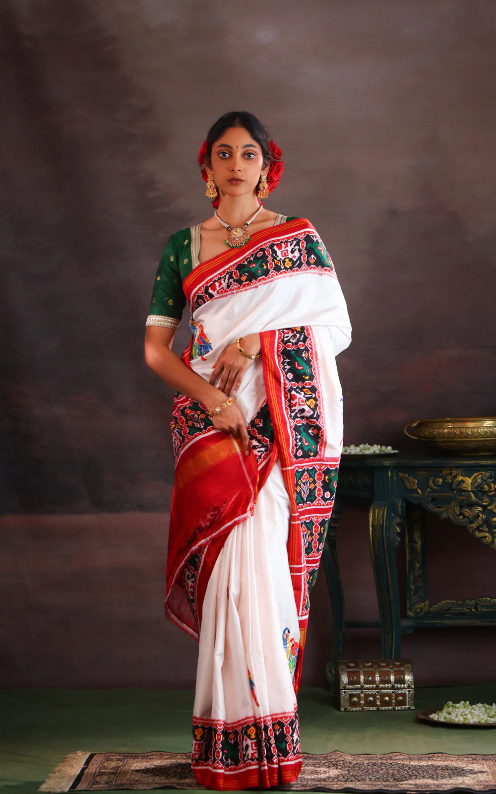 Off White & Maroon Patan Patola Silk Saree With Petit Point Embroidery - Image 7
