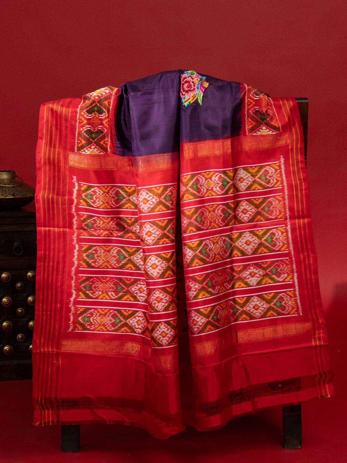 Deep Violet & Red Patan Patola Silk Saree With Petit Point Embroidery - Image 2