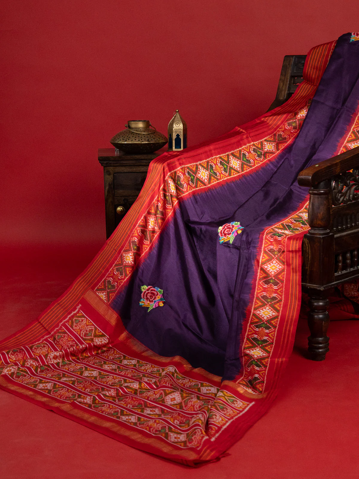 Deep Violet & Red Patan Patola Silk Saree With Petit Point Embroidery - Image 3
