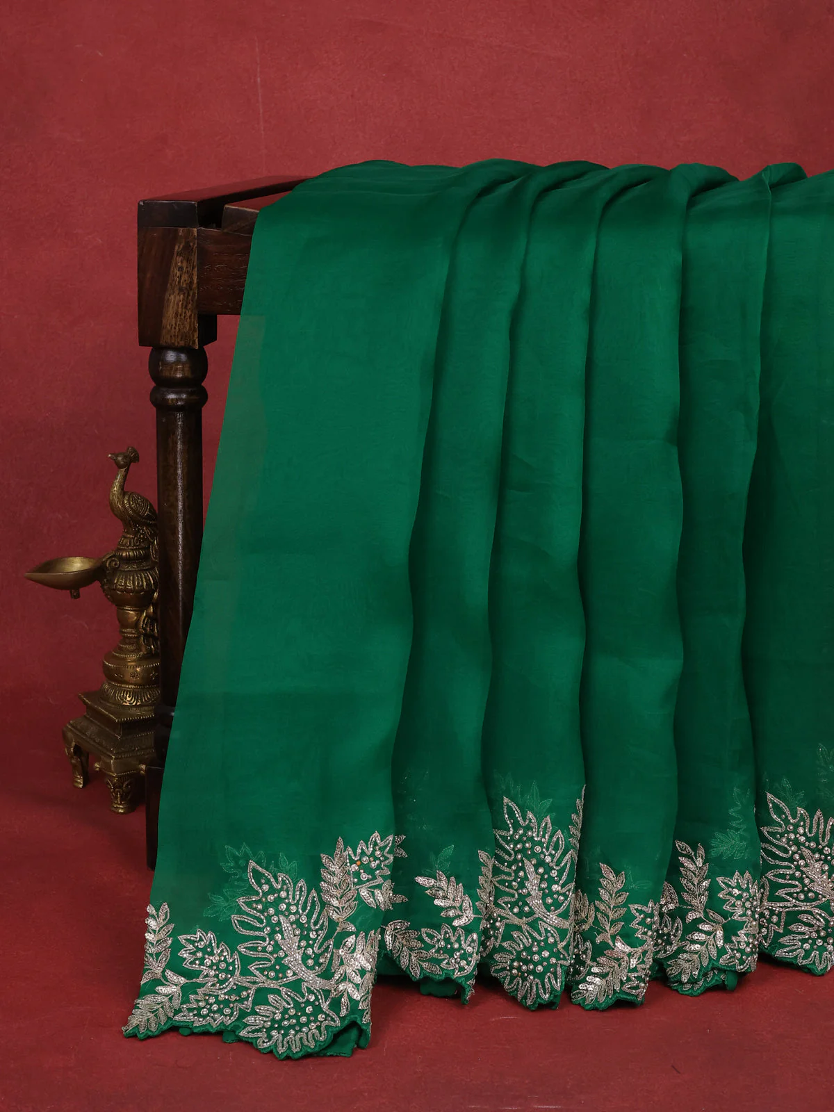 Green Pure Organza Silk Saree With Embroidery Readymade Blouse