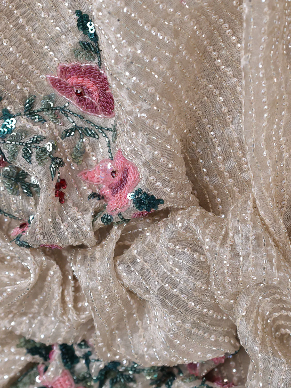 Beige Embroidered Organza Designer Saree - Image 2
