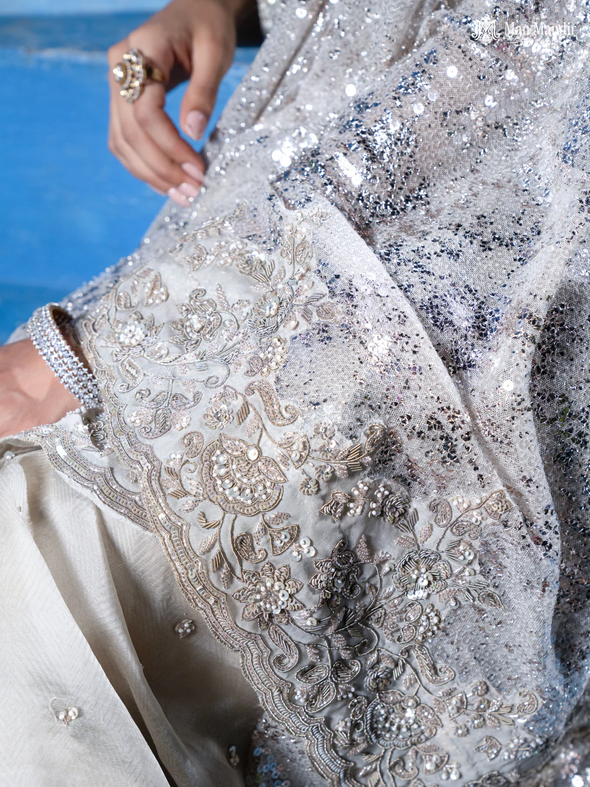 Grey Sequin Embroidered Netted Organza Designer Saree - Image 2