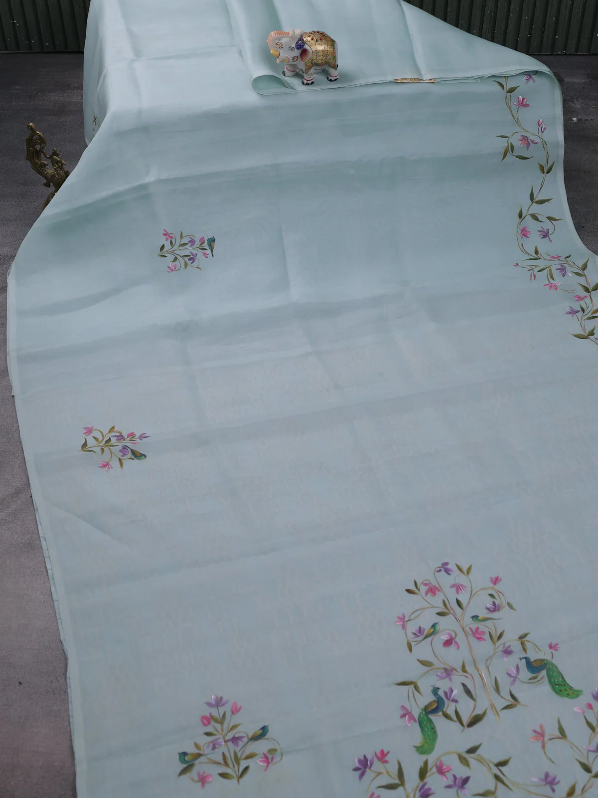 Pastel Blue Organza Silk Saree - Embroidery Readymade Blouse - Image 2