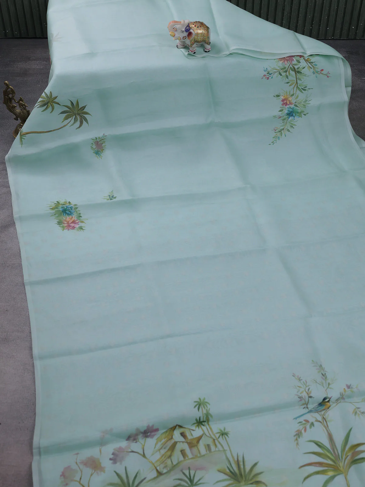 Teal Blue Organza Silk Saree - Embroidery Readymade Blouse - Image 2