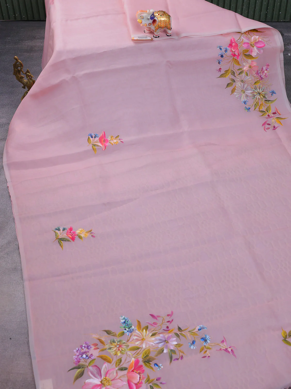 Mild Peach Organza Hand Painted Silk Saree - Image 2